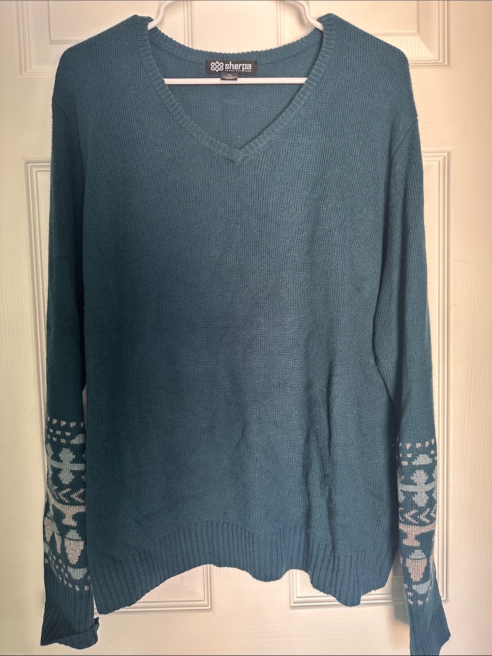 Sherpa Teal V-Neck Sweater with Patterned Sleeve Detail